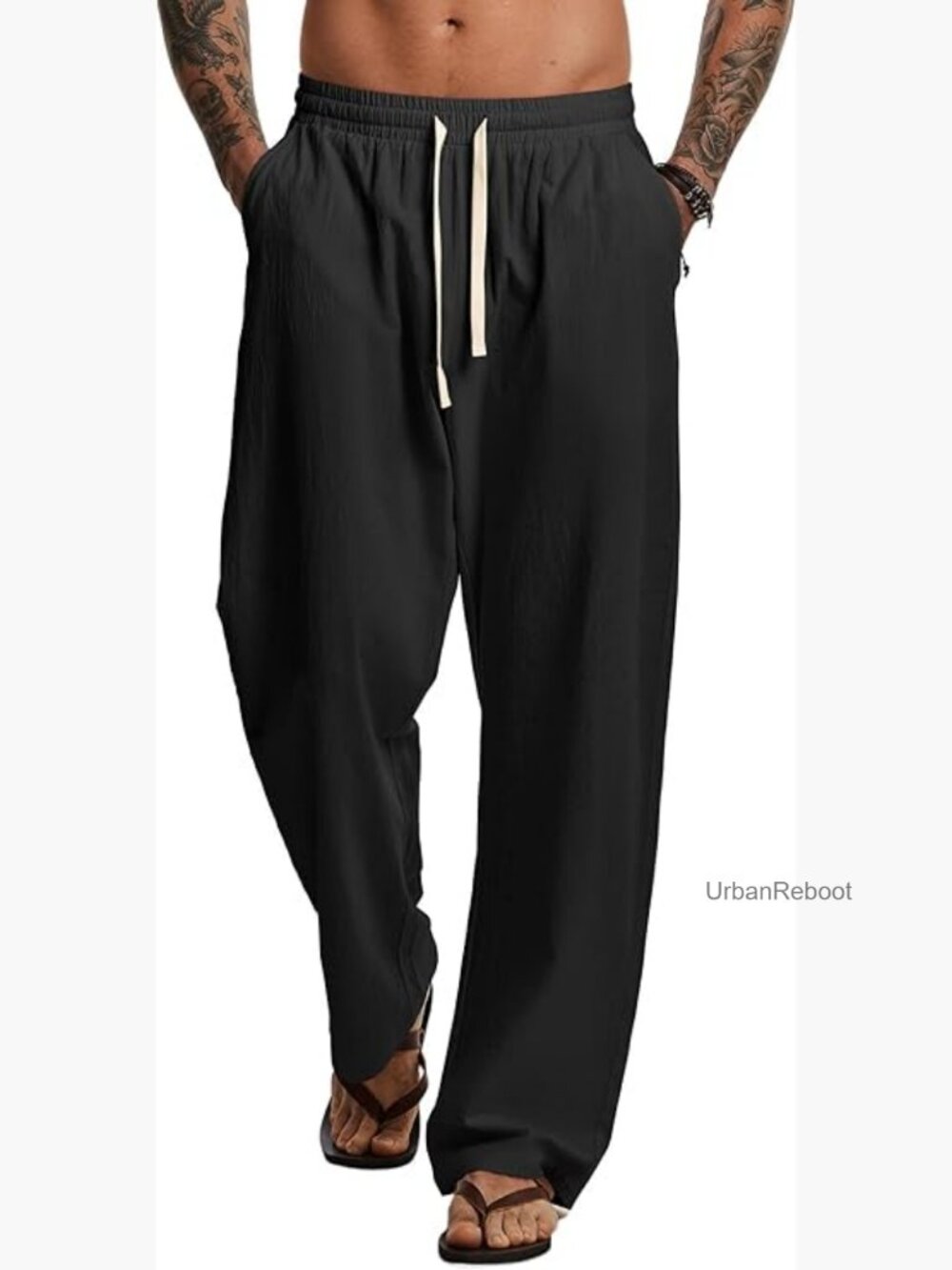 Men's Baggy Cotton Texture Pants Elastic Waist Drawstring Loose Fit Casual